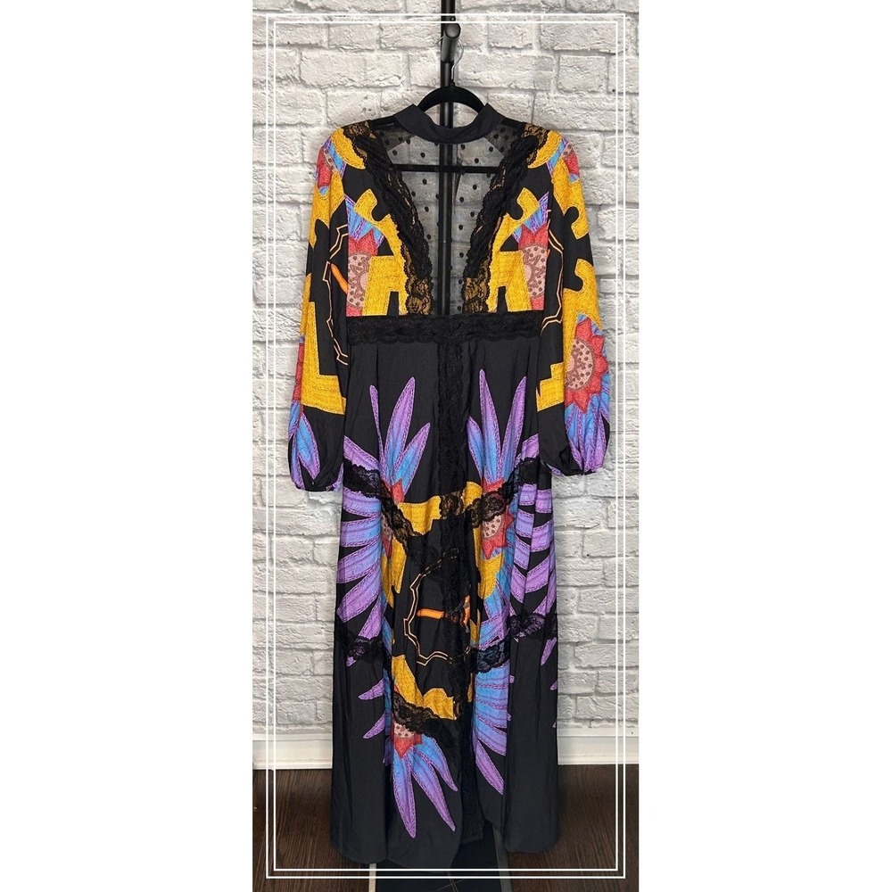 ISELACOS SHEIN X Maxi Dress Womens Large Black Floral  Lace Mesh Long Sleeve New